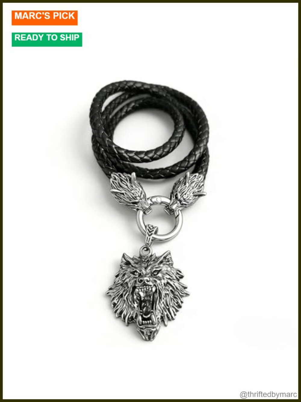 Viking Fenrir Wolf Necklace, Braided Leather Cord, Stainless Steel Pendant